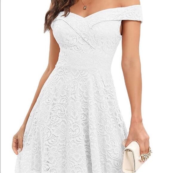 HomRain Elegant Lace Floral Wedding Guest Off The Shoulder High Low Dress - Picture 2 of 16